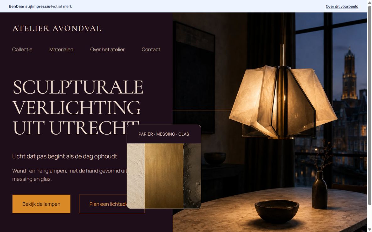 Stijlimpressie van Atelier Avondval met sculpturale verlichting in een donkere, warme interieursetting.