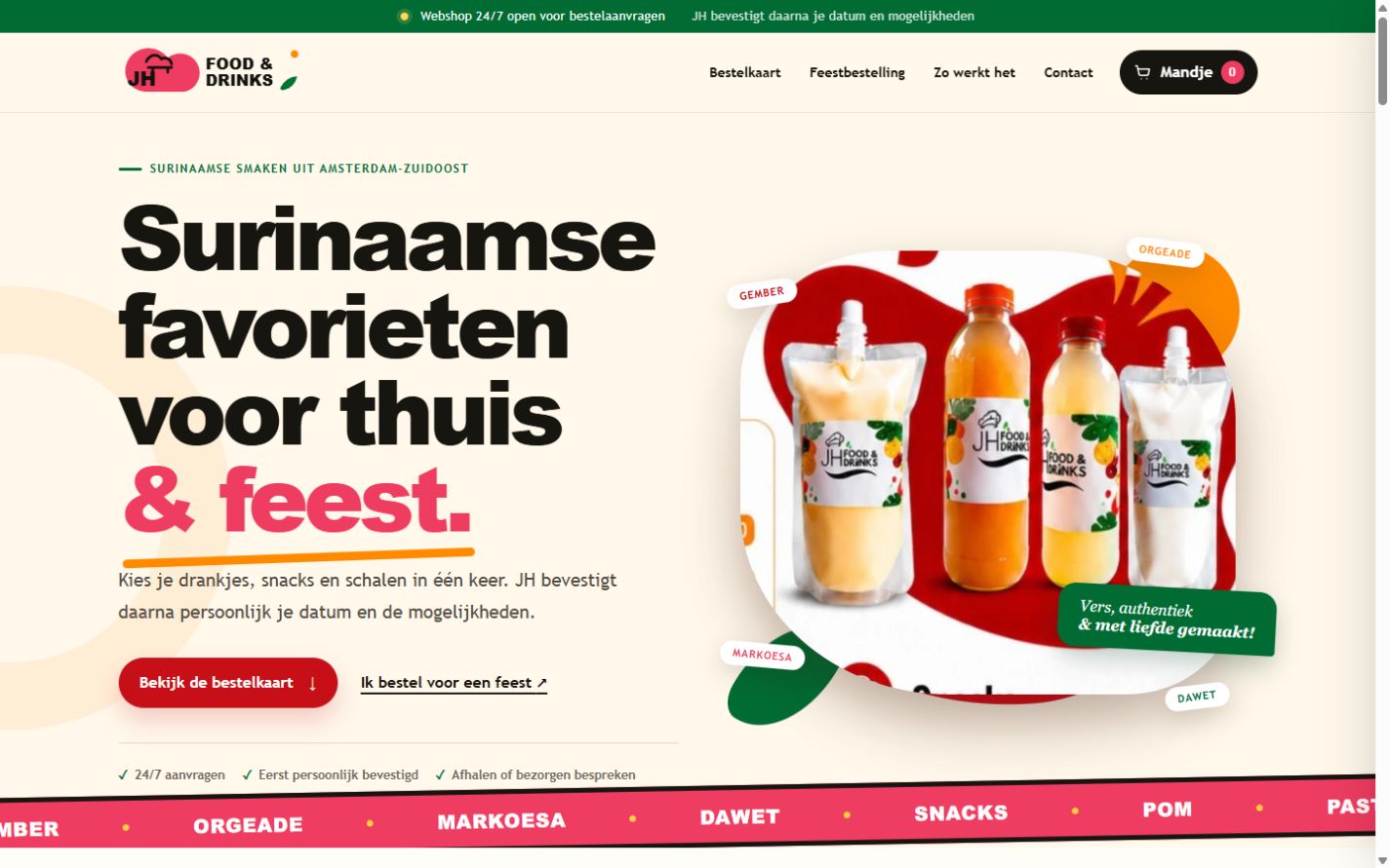 Concept van de homepage van JH Food & Drinks met Surinaamse drankjes en feestbestellingen.
