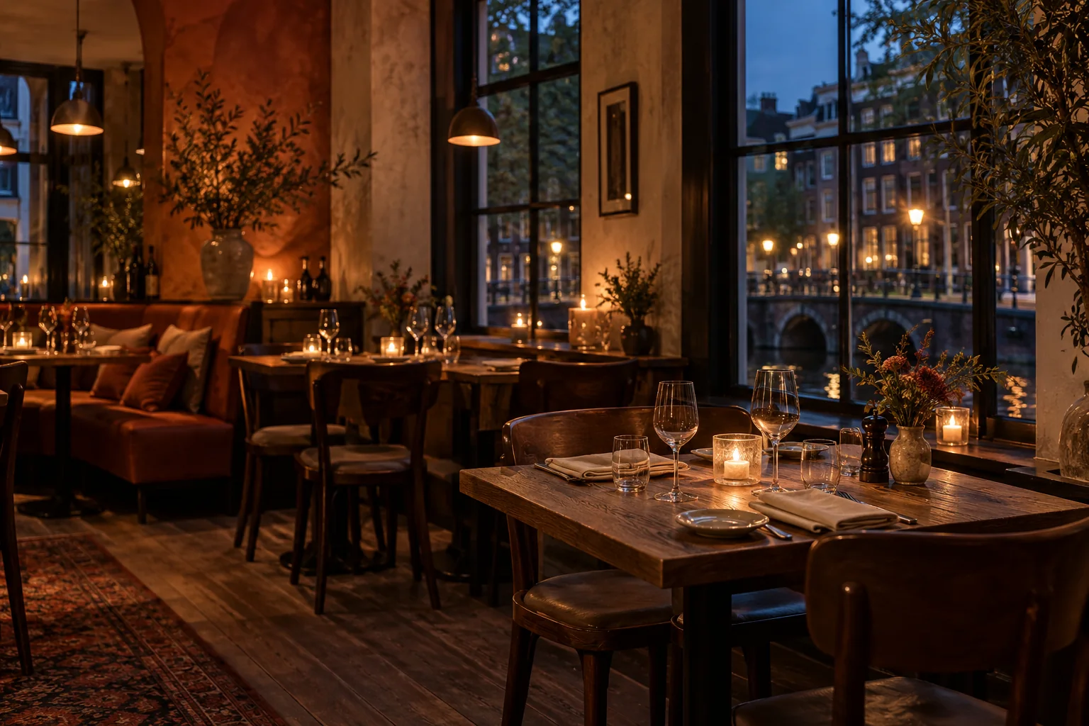 Sfeerbeeld van een fictieve bistro met gedekte tafels en warm kaarslicht.