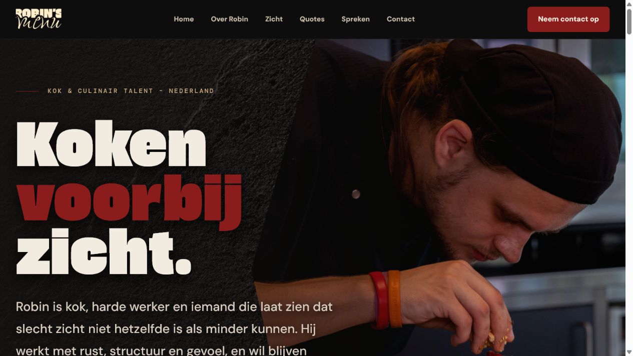 Voorbeeld van de homepage van Robins Menu met Robin aan het werk in de keuken.
